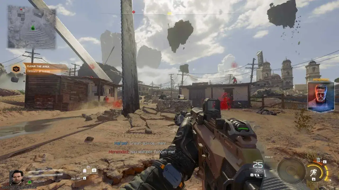 Combate en Black Ops 6. El jugador avanza por un pueblo des&eacute;rtico, arma en mano, mientras flotan islas en el cielo.