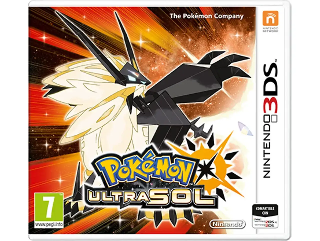 Caja de los juegos Pokémon Ultrasol para Nintendo 3DS, con Necrozma y Solgaleo.