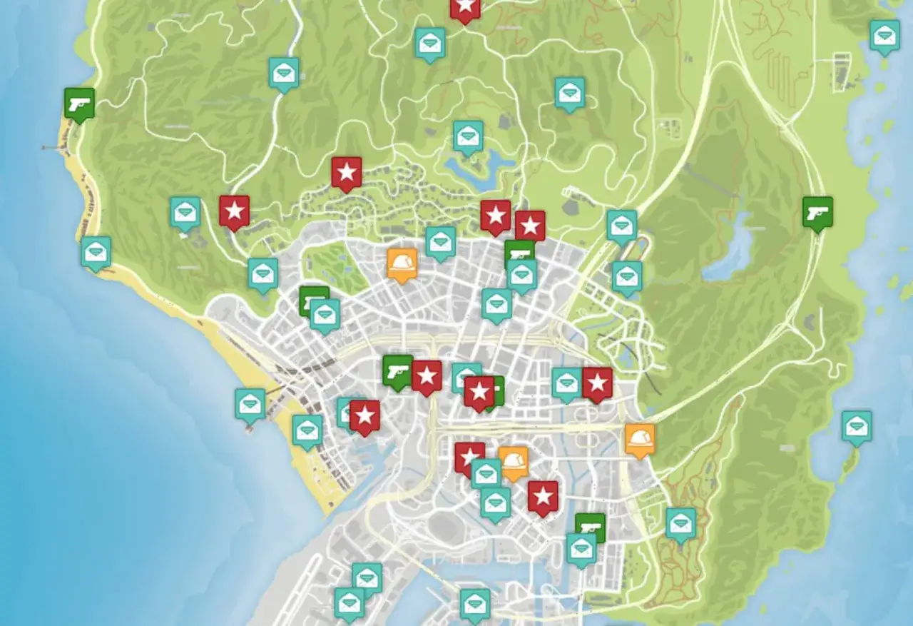 Mapa de Los Santos con iconos de misiones GTA 5: pistolas verdes, estrellas rojas y sobres azules.