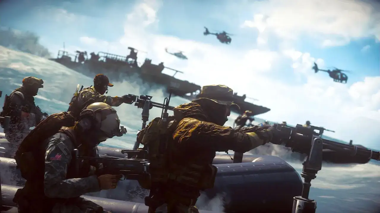 Soldados en lanchas rápidas, listos para la acción en un battlefield 6 acuático, con helicópteros y barcos de guerra al fondo.