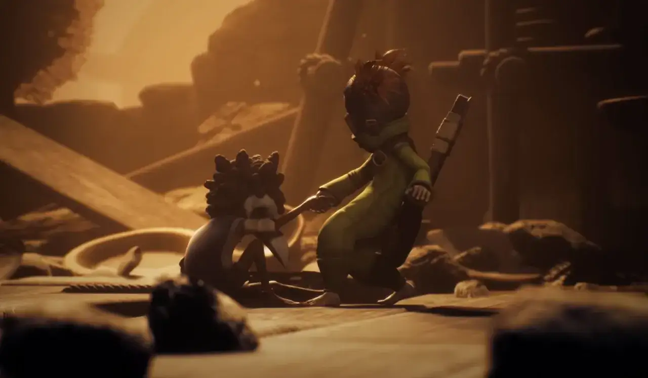 Dos ni&ntilde;os se dan la mano en un mundo desolado, evocando la atm&oacute;sfera de Little Nightmares 3.