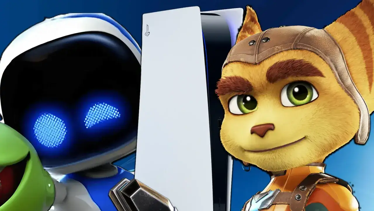 Astro Bot y Ratchet, protagonistas de juegos plataformas PS5, junto a la consola.