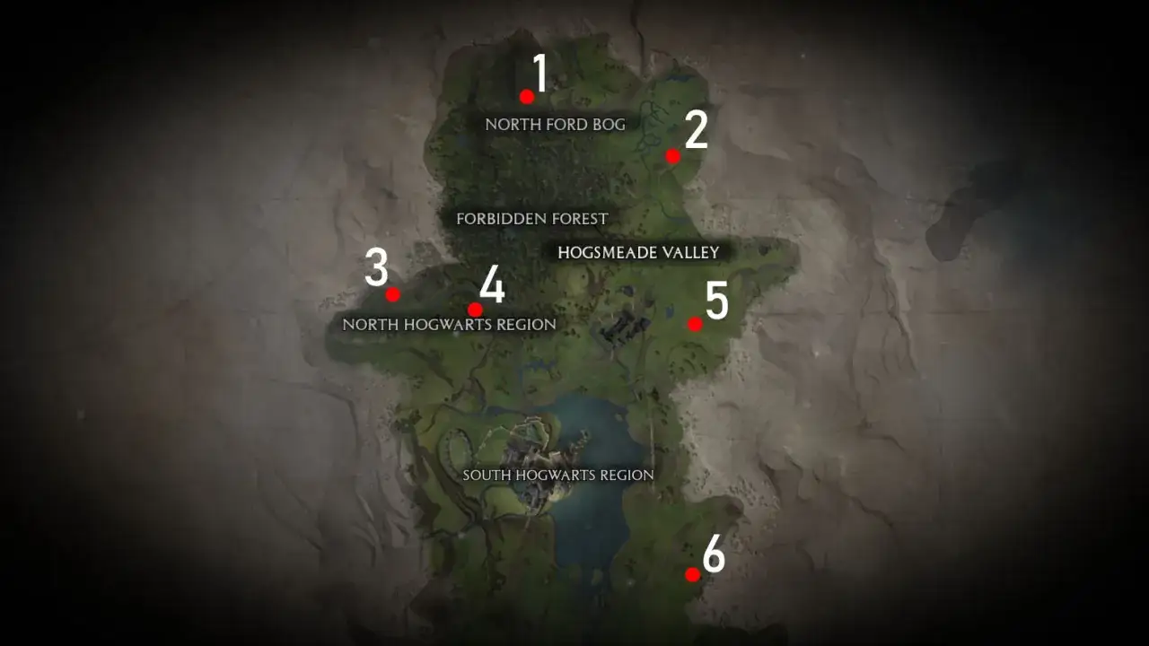Mapa de Hogwarts Legacy con 6 puntos marcados, indicando posibles plataformas de aterrizaje en North Ford Bog, Forbidden Forest, Hogsmeade Valley y regiones de Hogwarts.