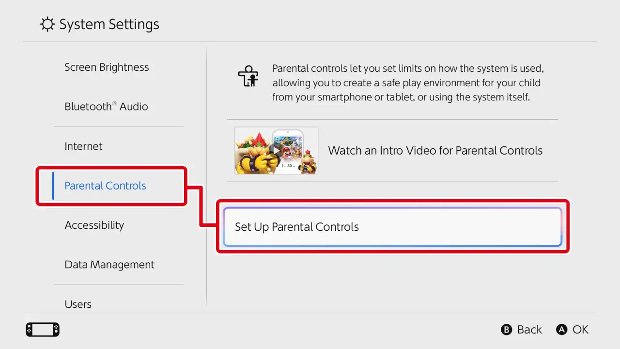Configuraci&oacute;n de control parental en Nintendo Switch. Permite crear un entorno de juego seguro para ni&ntilde;os.