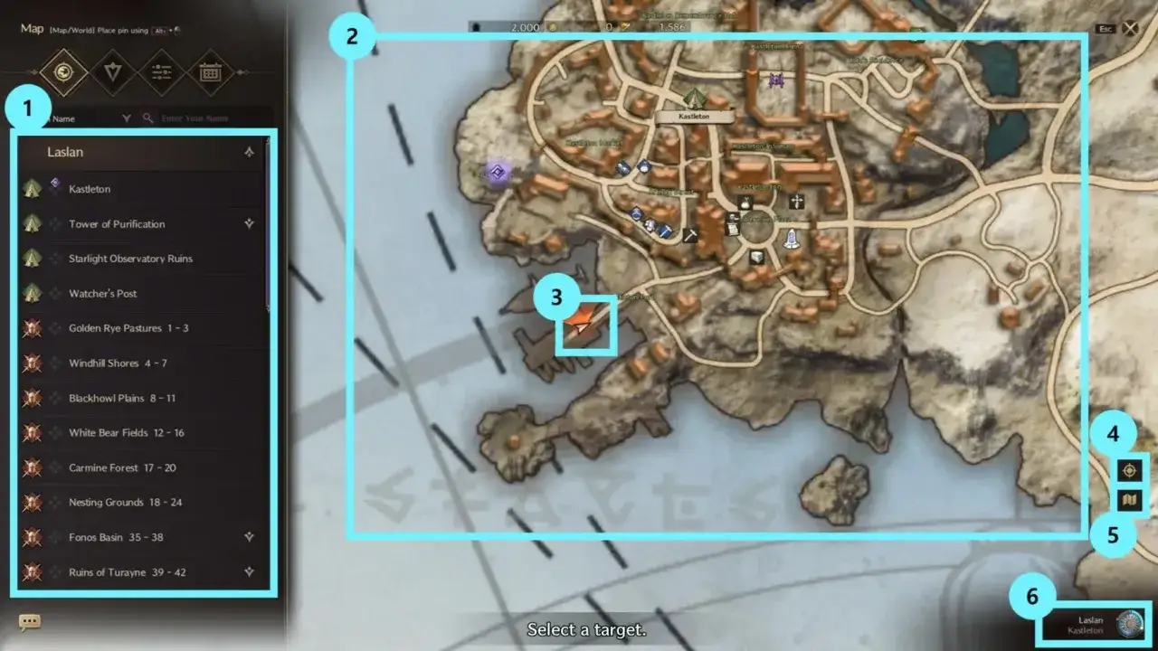 Mapa de juego con lista de misiones a la izquierda. El objetivo actual es Kastleton, un lugar de trono y libertad.