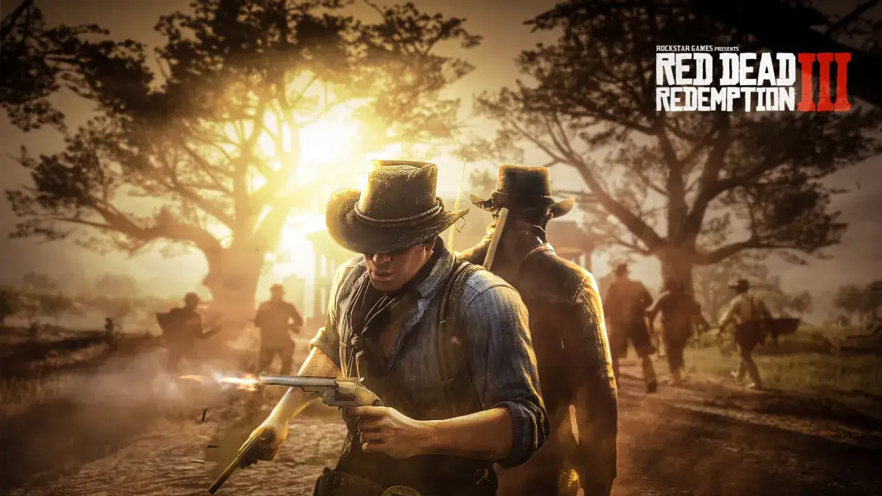Dos vaqueros en un tiroteo bajo el sol poniente, con el logo de Red Dead Redemption III.