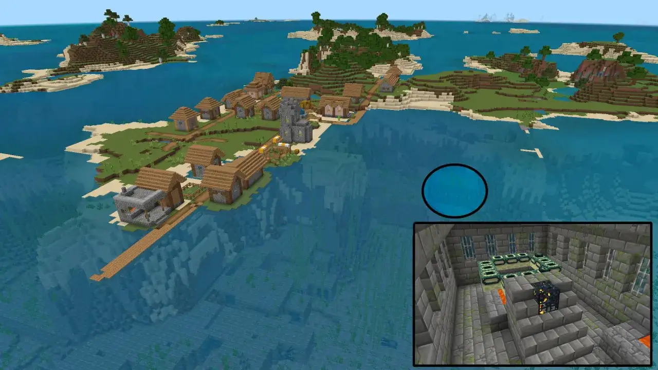 Pueblo en islas con portal al End. ¡Excelentes semillas Minecraft Bedrock para explorar!