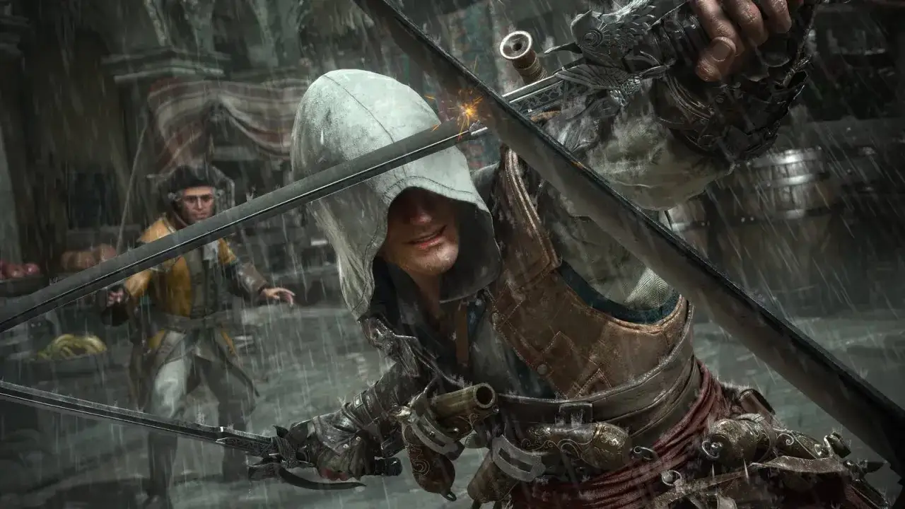 Un asesino con capucha empuña dos espadas en un remake de Assassin's Creed Black Flag. Un hombre con sombrero de época lo observa.