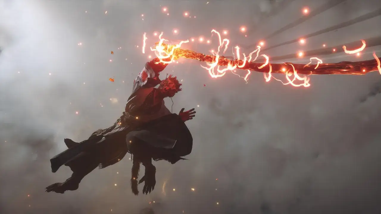 El Rey Mono, Wukong, desata un rayo de energ&iacute;a de su bast&oacute;n en Black Myth Wukong.