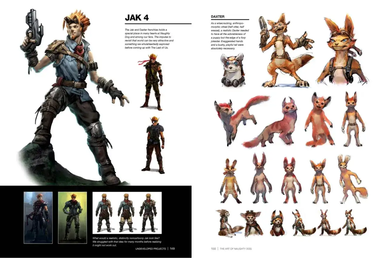 Jak, el profeta intergaláctico el hereje, empuña su arma. A su lado, bocetos de Daxter y otros personajes.