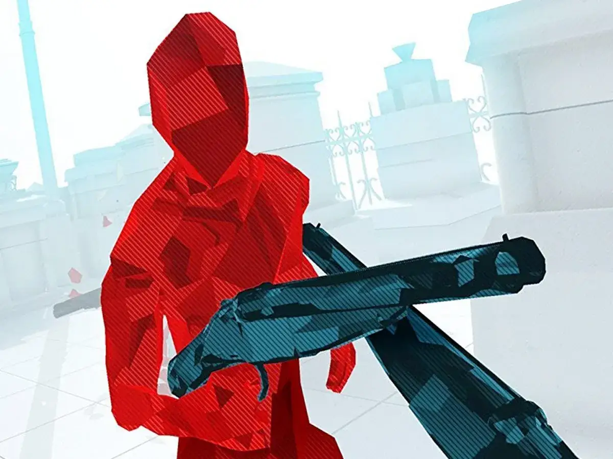 Personaje rojo con escopeta en un mundo estilizado. ¡Una aventura de los mejores juegos VR PS4!