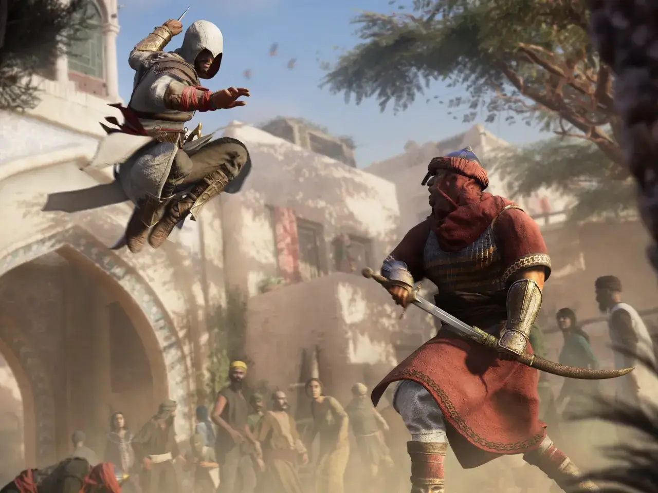 Un asesino salta en combate contra un guerrero en un mercado. El último Assassin's Creed cobra vida.