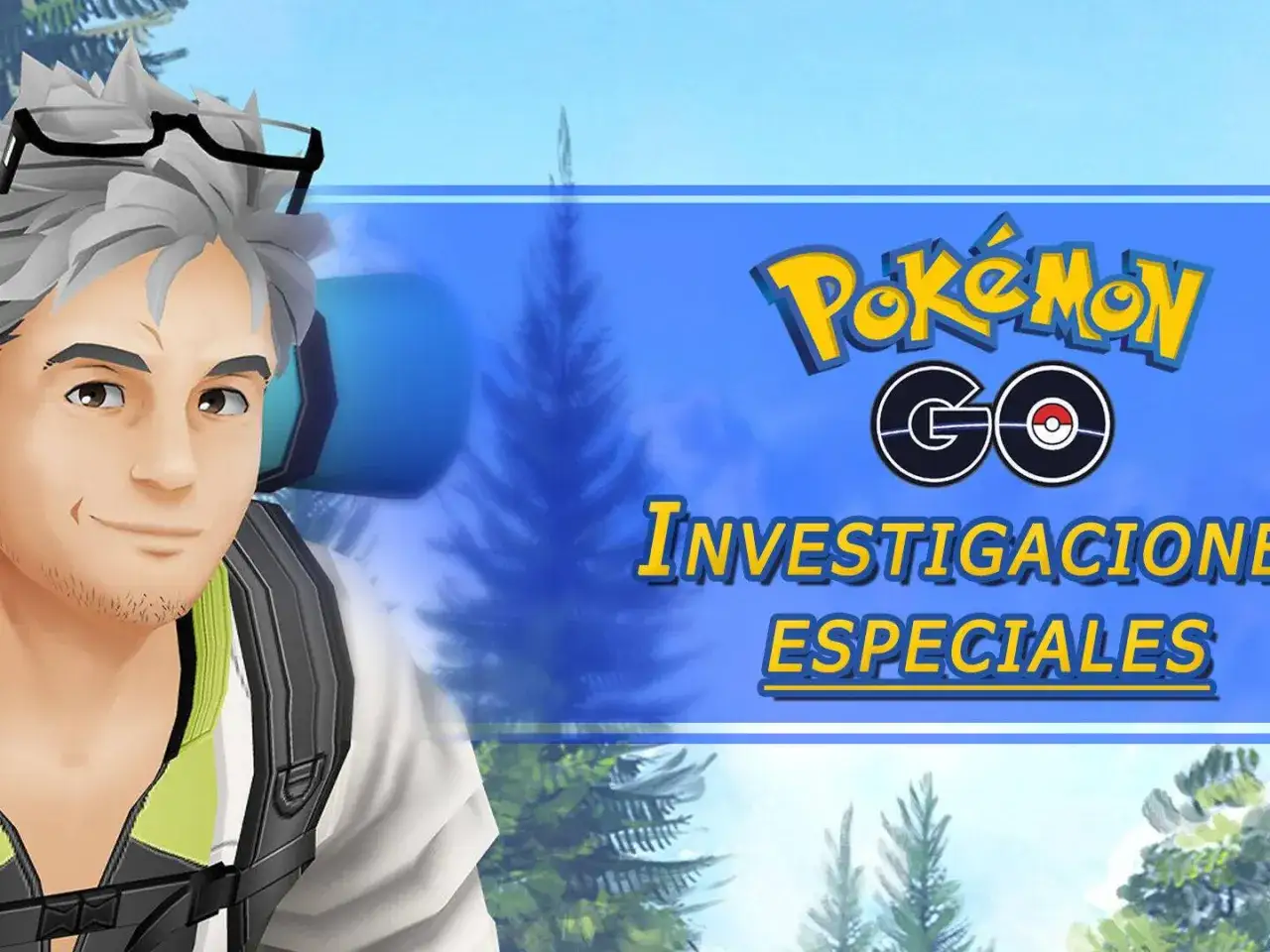 Personaje de Pokémon GO con gafas y mochila, listo para misiones especiales en un bosque.