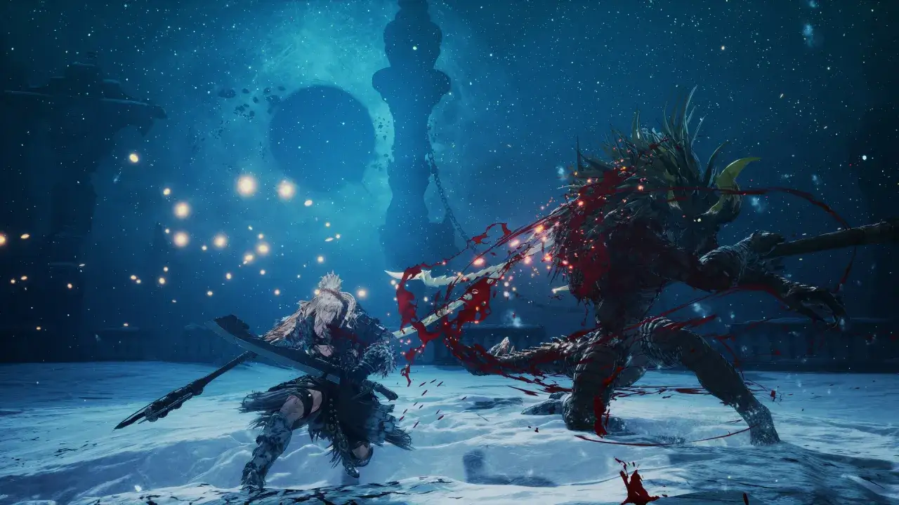Khazan, el primer berserker, desata su furia contra un monstruo en un paisaje nevado bajo un cielo estrellado.