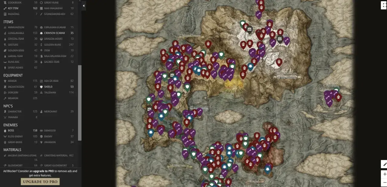 Mapa de Elden Ring con marcadores de objetos, equipo y enemigos. ¡Una guía para tu orden en las Tierras Intermedias!