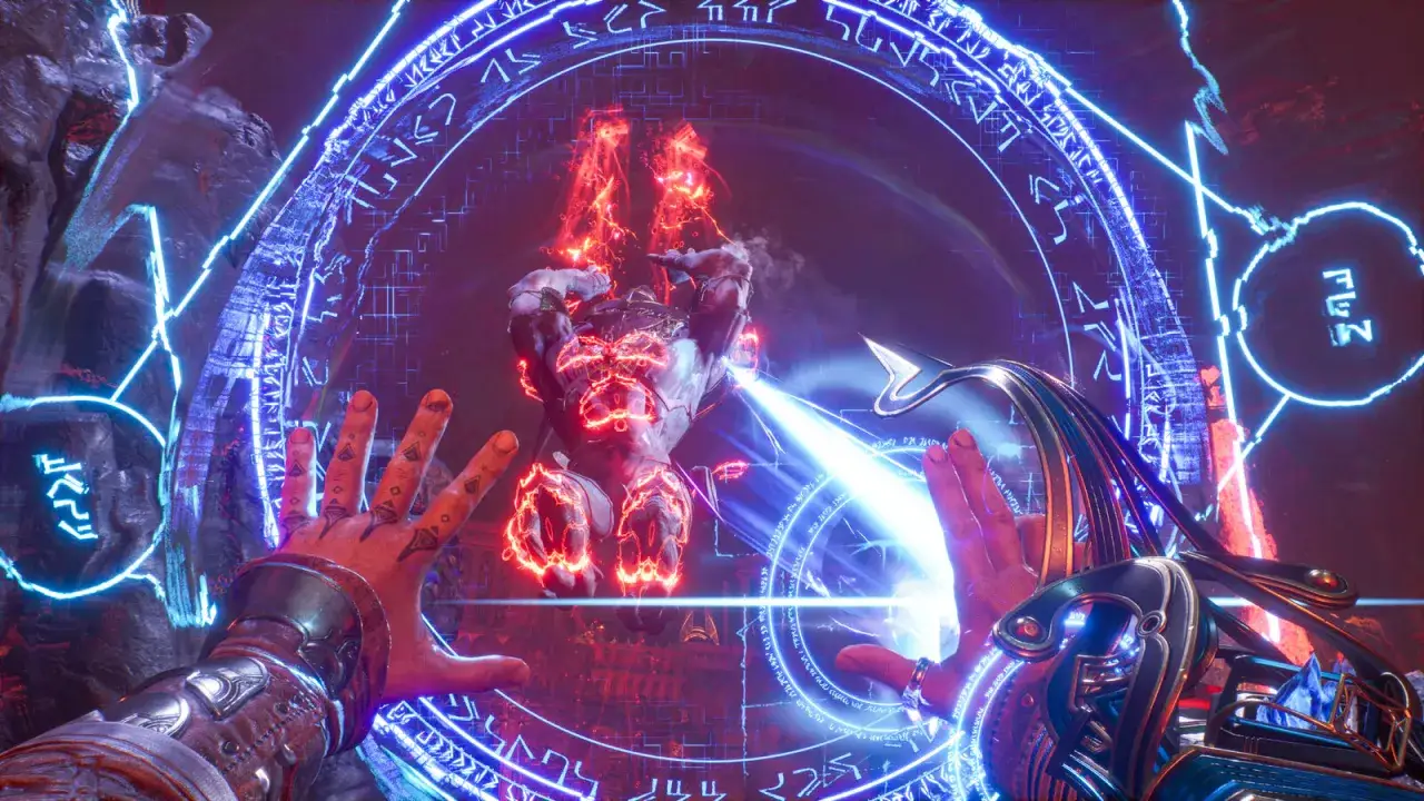 Manos conjurando magia azul brillante en Immortals of Aveum. Un ser llameante emerge de un c&iacute;rculo arcano.