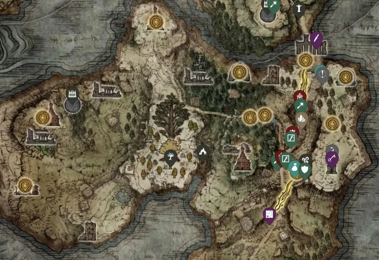 Mapa de Elden Ring con marcadores de puntos de interés, ruinas y un camino amarillo. Una guía visual para explorar las Tierras Intermedias.