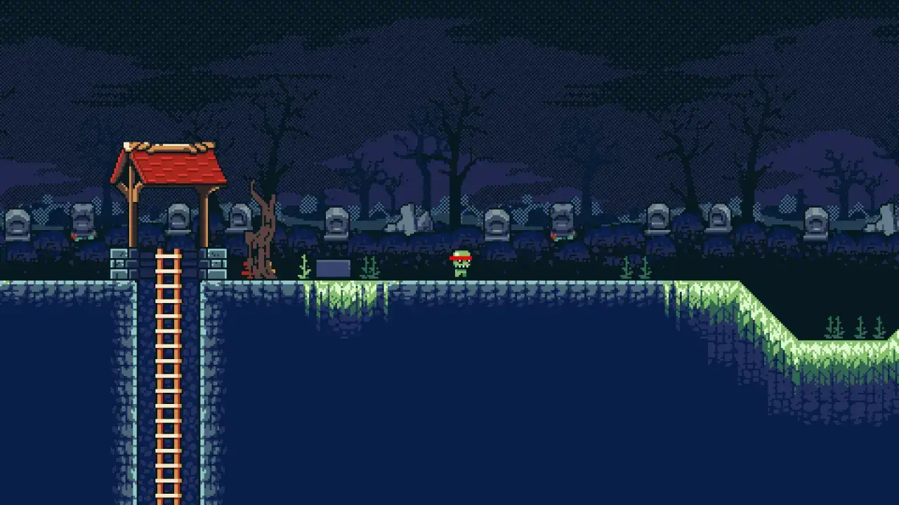 Ben y Ed, dos peque&ntilde;os zombis, exploran un cementerio de noche. Una escalera desciende a un pozo oscuro.