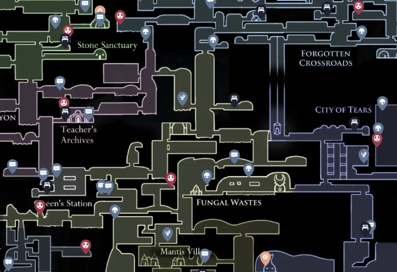 Mapa de Hallownest con ubicaciones marcadas. El mineral pálido es un tesoro buscado en esta región.