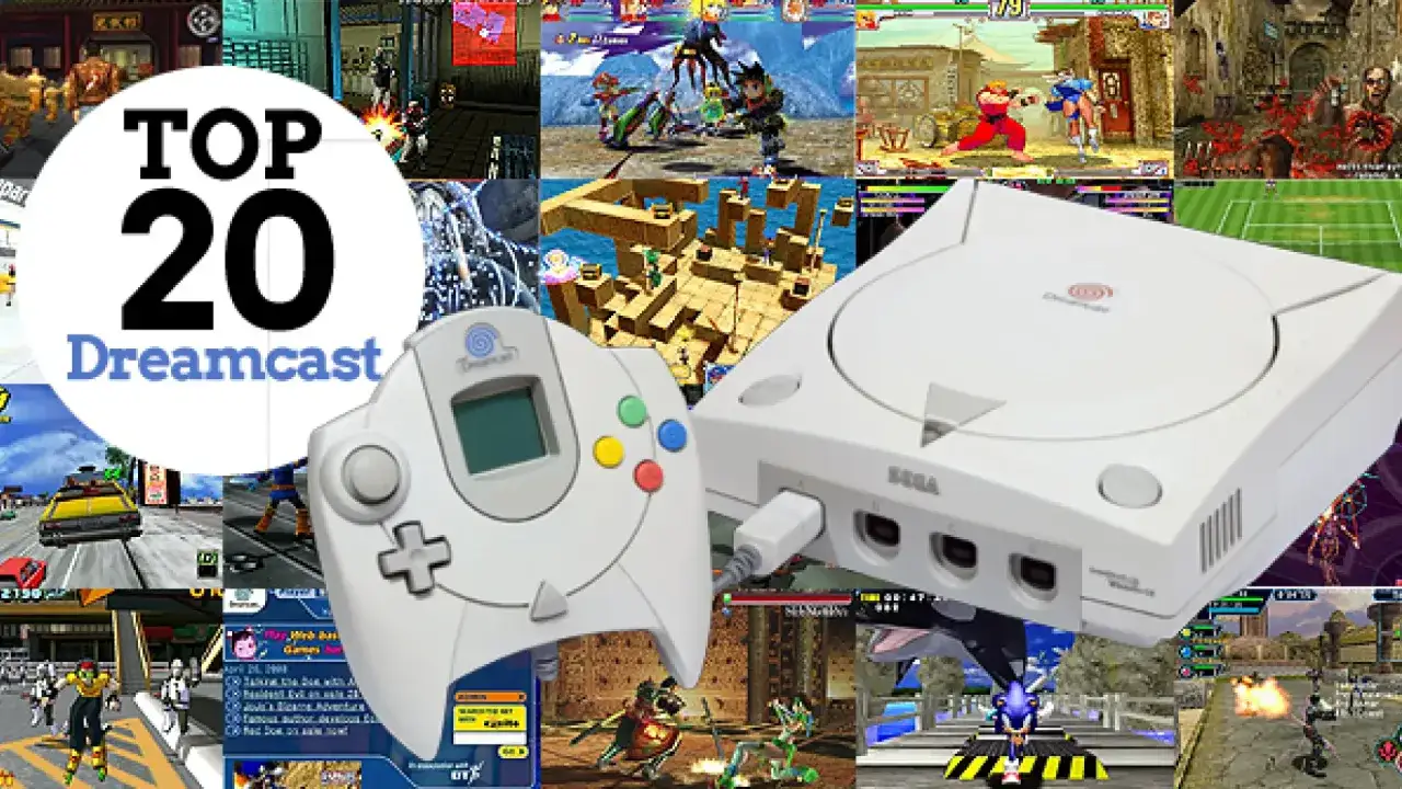 Collage de los mejores juegos de Dreamcast, con la consola y el mando.