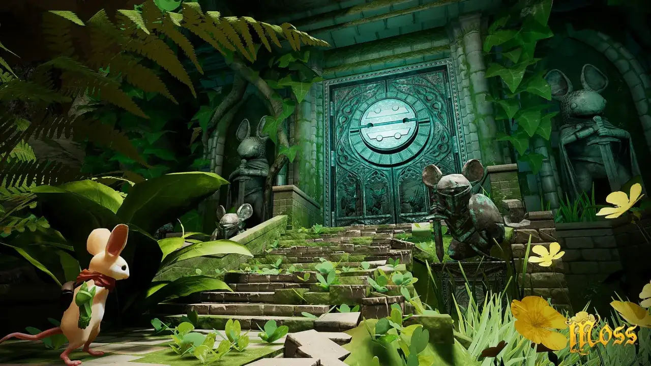 Un ratón aventurero se prepara para explorar un templo antiguo, un escenario digno de los top juegos PS4.