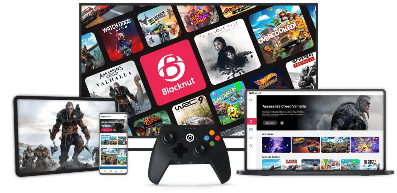 Dispositivos mostrando juegos populares como Assassin's Creed Valhalla y Far Cry 5, con el logo de Blacknut, ideal para tu experiencia de prime gaming.