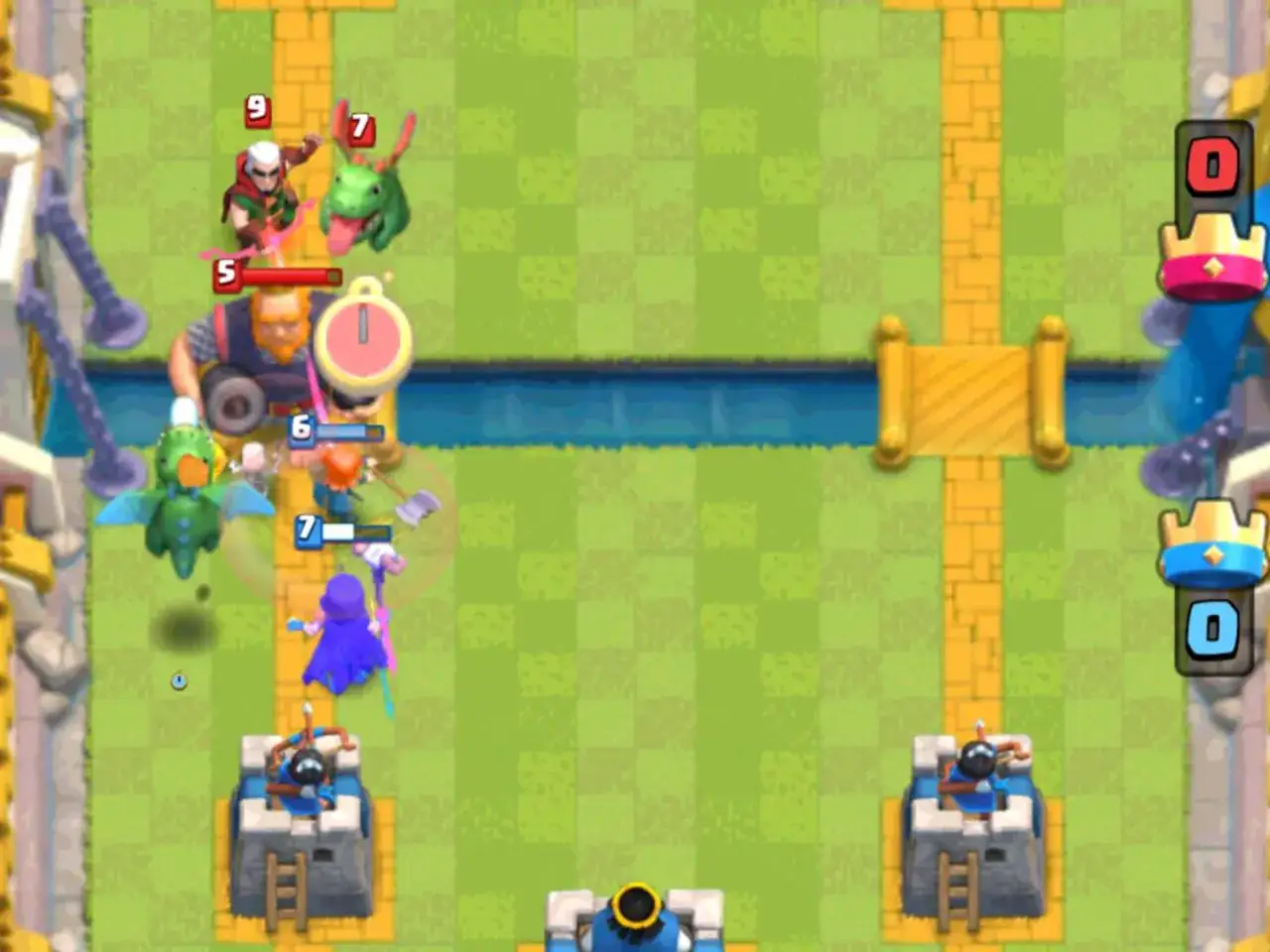 Batalla &eacute;pica en Clash Royale PC: un drag&oacute;n beb&eacute; y arqueros atacan, mientras un gigante y un mago defienden.