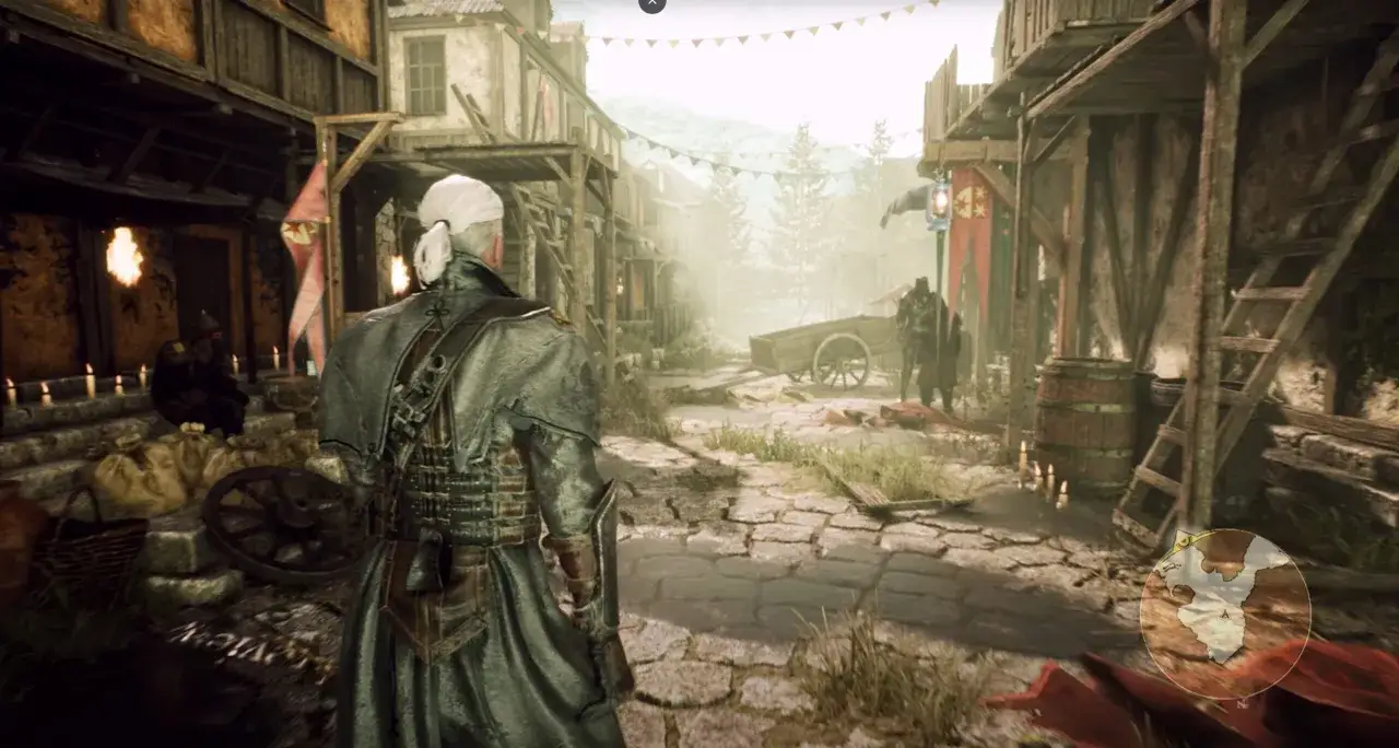 Geralt de Rivia, en el witcher remake, camina por un pueblo polvoriento con antorchas y estandartes.