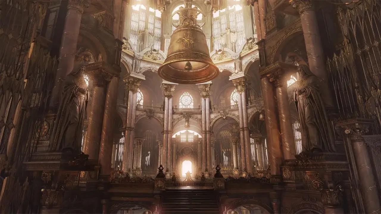Majestuoso interior de una catedral dorada, con una campana gigante suspendida. ¡Noticias de Lost Ark que te dejarán sin aliento!