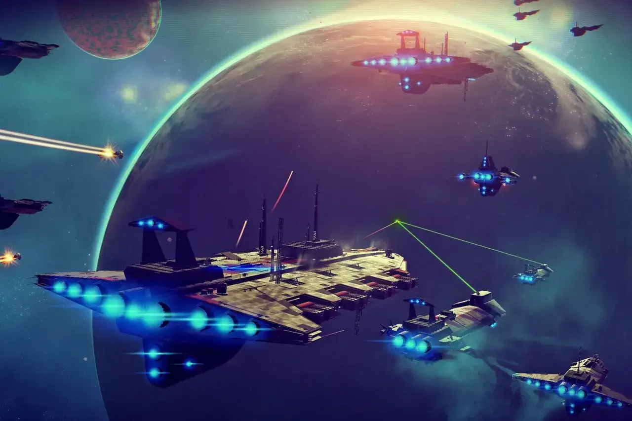 Naves espaciales combaten cerca de un planeta. Una gu&iacute;a de No Man's Sky podr&iacute;a mostrar esta escena de acci&oacute;n.