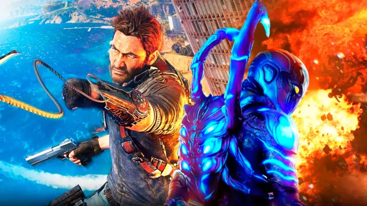 Rico Rodríguez de Just Cause 5 se enfrenta a un enemigo alienígena azul brillante, con explosiones y un paisaje urbano de fondo.