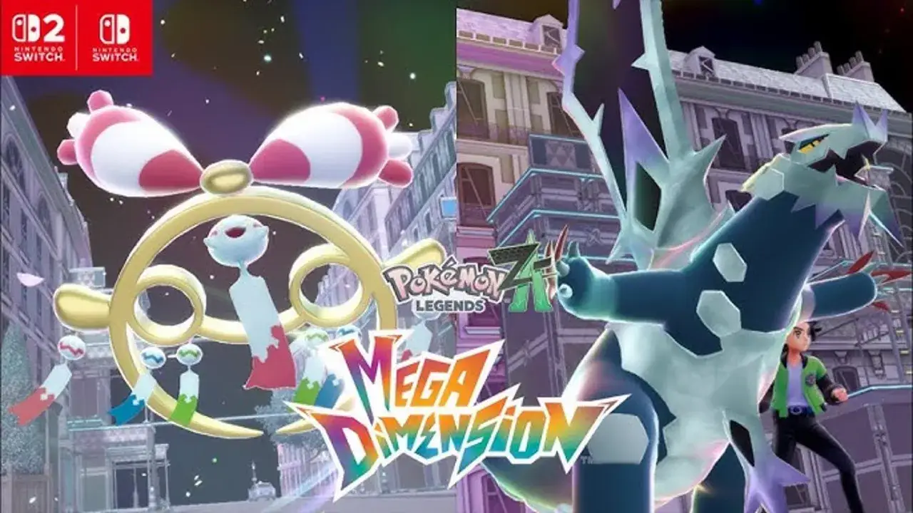 Pokémon Legends Z-A: ¡Mega Dimensión! Un Pokémon dragón azul y blanco se alza junto a un personaje humano, mientras un orbe dorado con un Pokémon blanco y rojo flota en el aire.