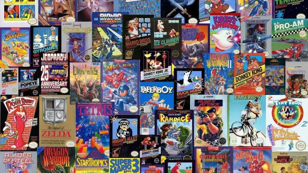 Colección de carátulas de los mejores videojuegos de la historia, incluyendo Mario Bros., Zelda, Tetris y Mega Man.