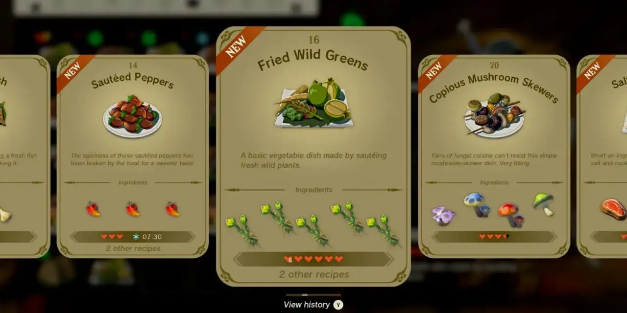 Explora recetas de Zelda Tears of the Kingdom: pimientos salteados, verduras fritas y brochetas de champiñones. ¡Prepara tus ingredientes!