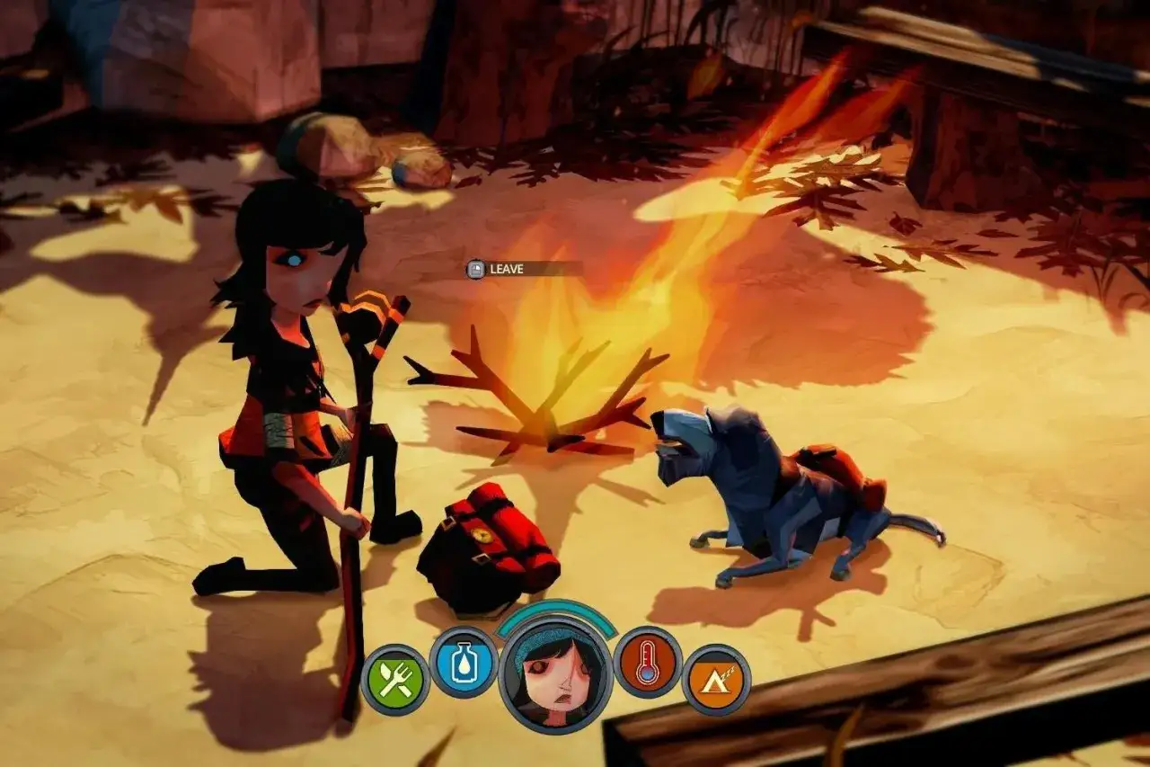 Chica y su lobo junto a una fogata, elementos de juegos de supervivencia PS4.