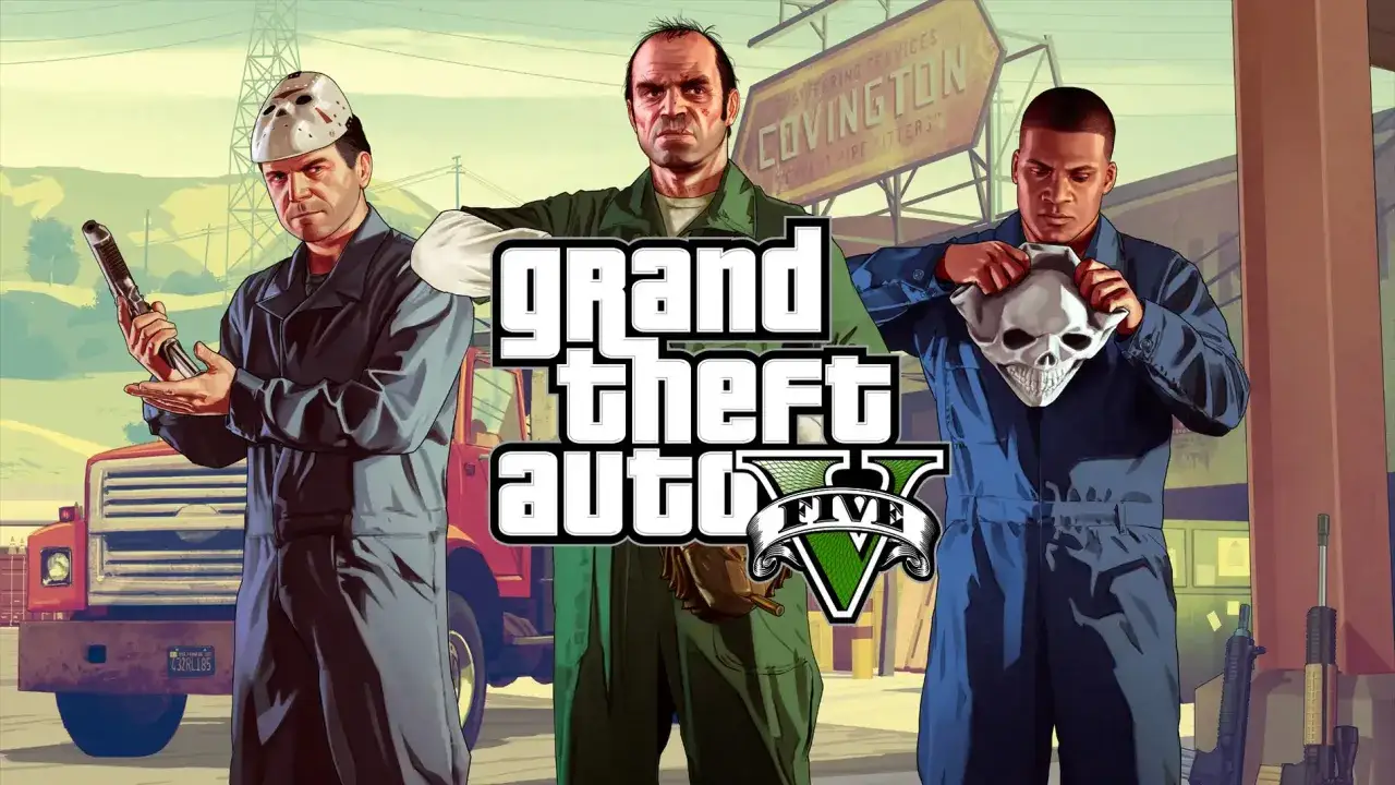 Los protagonistas de GTA 5, listos para el lanzamiento. Michael con m&aacute;scara, Trevor con su mirada intensa y Franklin con una calavera.