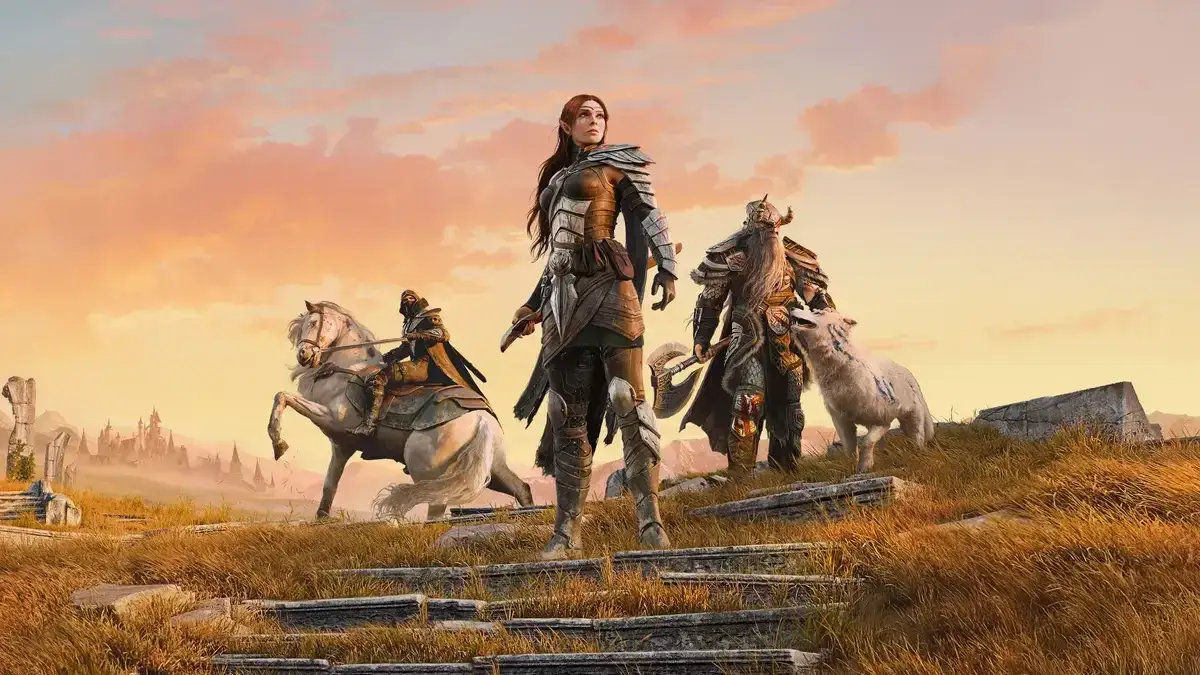 Tres guerreros, uno a caballo, se preparan para la aventura en un paisaje &eacute;pico. &iquest;Ser&aacute; esta la pr&oacute;xima entrega de The Elder Scrolls 6?
