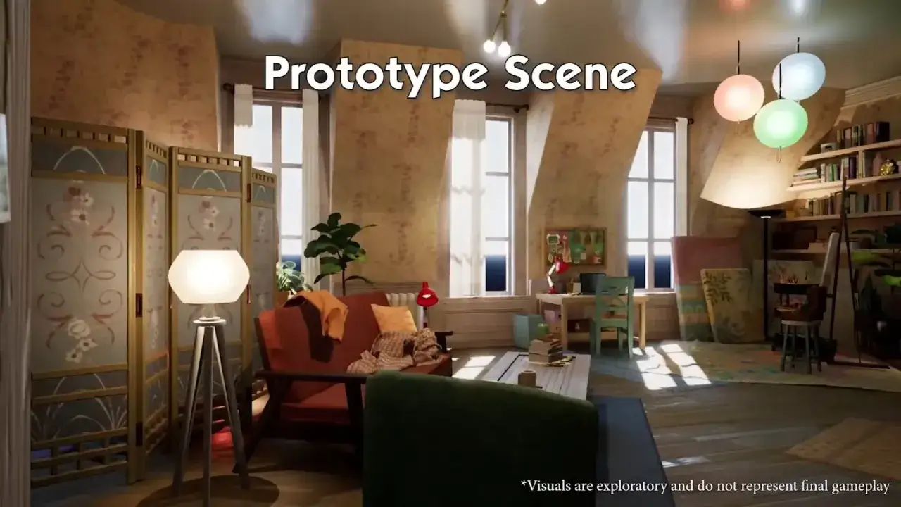 Un vistazo a una escena prototipo, quizás para los Sims 5. Un estudio acogedor con arte, libros y una lámpara de pie.
