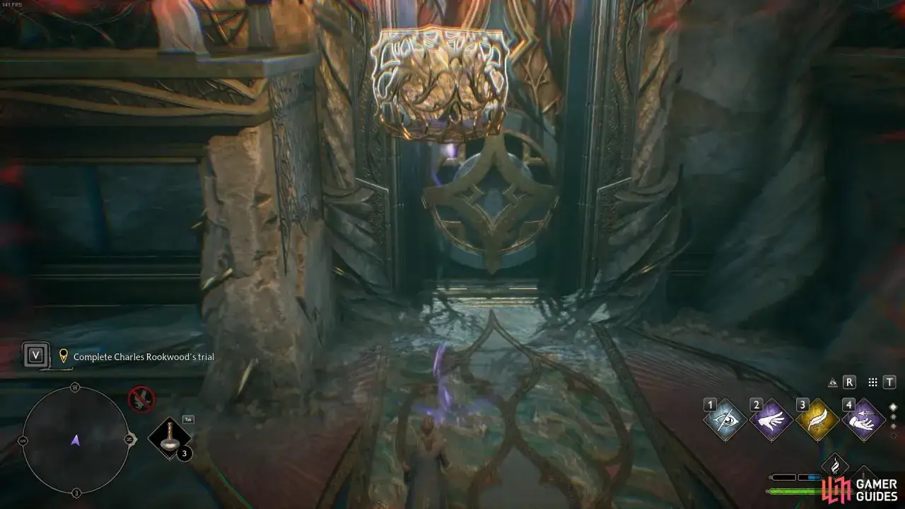 En el juego, el jugador se prepara para superar la prueba de Charles Rookwood, enfrentando un portal dorado y un desafío en un entorno antiguo.