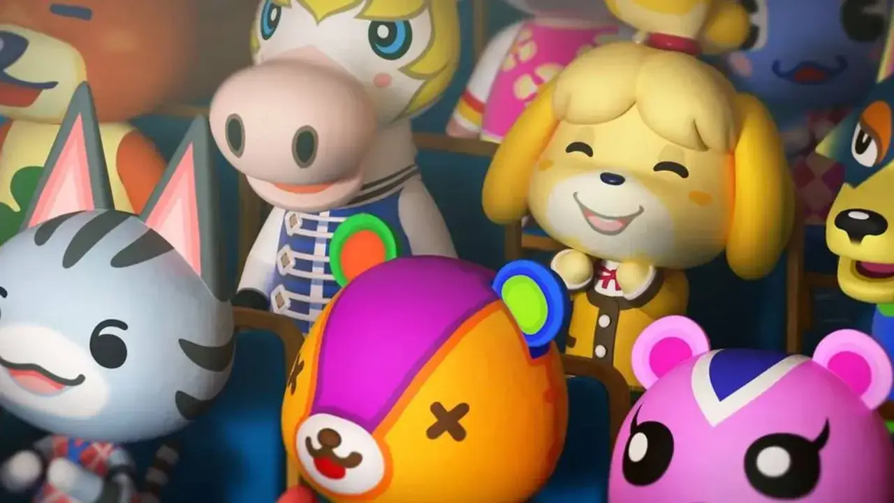 Personajes de Animal Crossing, un popular juego granja switch, reunidos. Se ven Isabelle, Stitches y otros adorables animales.