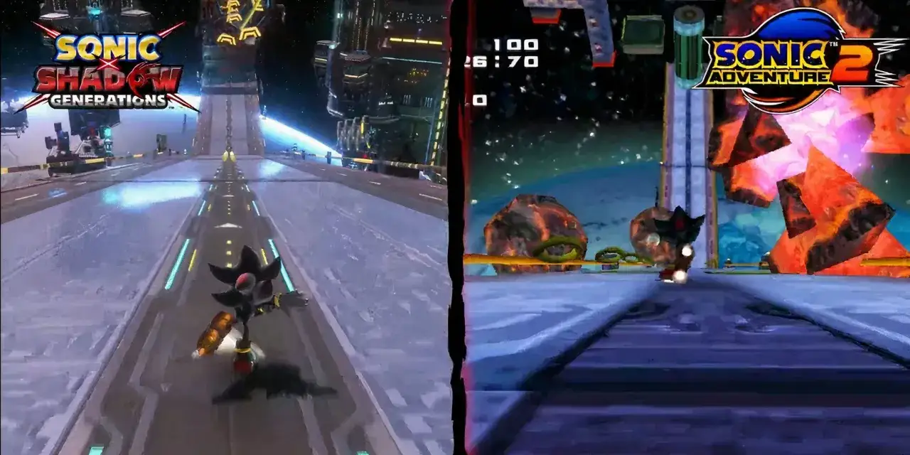 Shadow the Hedgehog corre en dos mundos: uno futurista en Sonic x Shadow Generations y otro espacial en Sonic Adventure 2.