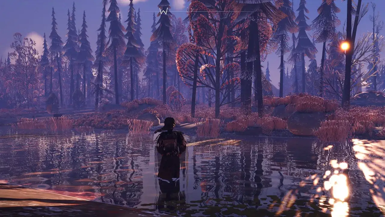 Una figura se adentra en un lago helado, rodeada de un bosque de pinos y árboles de hoja caduca en tonos púrpuras y naranjas. El reflejo del sol ilumina el agua, evocando la atmósfera de Assassin's Creed Hexe.