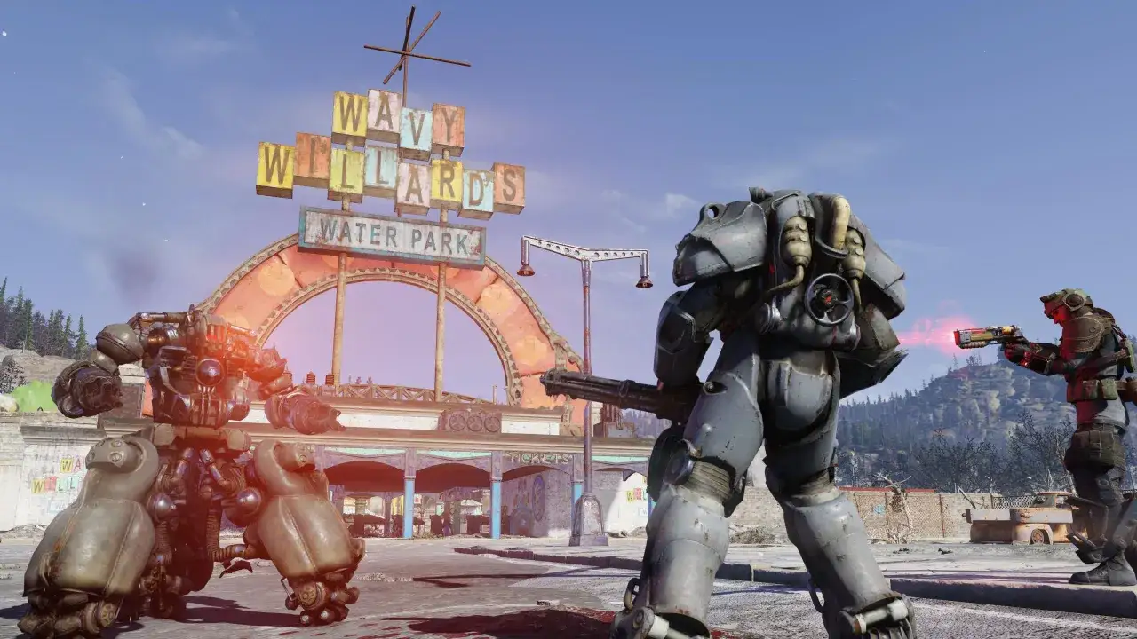 Dos robots de combate se enfrentan en Wavy Willard's Water Park. Uno con armadura de poder, el otro más pequeño. Cumpliendo los Fallout 76 requisitos para la supervivencia.