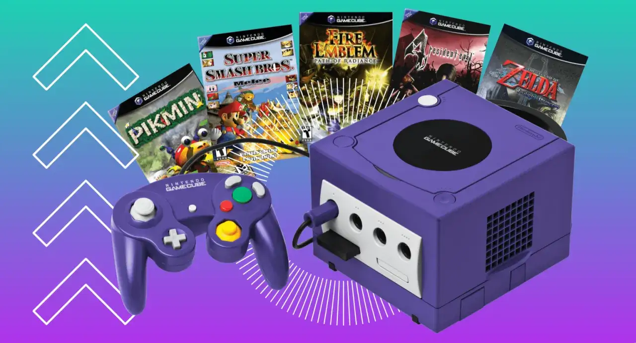 Consola morada GameCube con mando y carátulas de juegos icónicos como Super Smash Bros. Melee, Pikmin, Fire Emblem y Zelda, ¡los mejores juegos de GameCube!