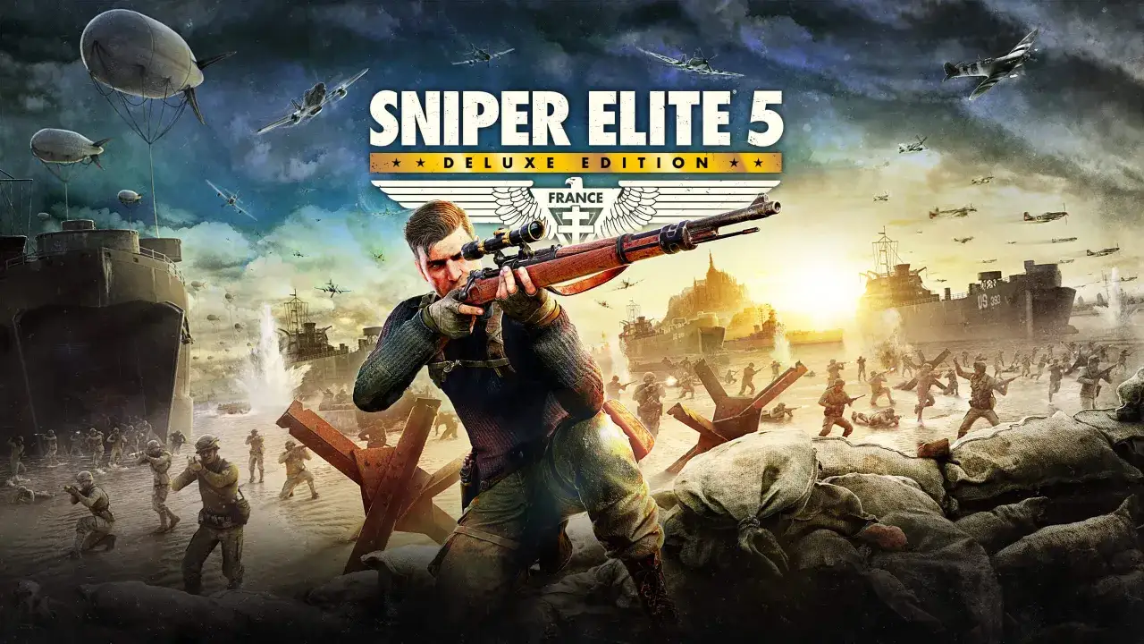 Sniper Elite 5, uno de los mejores shooters PS5, muestra un desembarco en Francia con soldados, aviones y un francotirador.