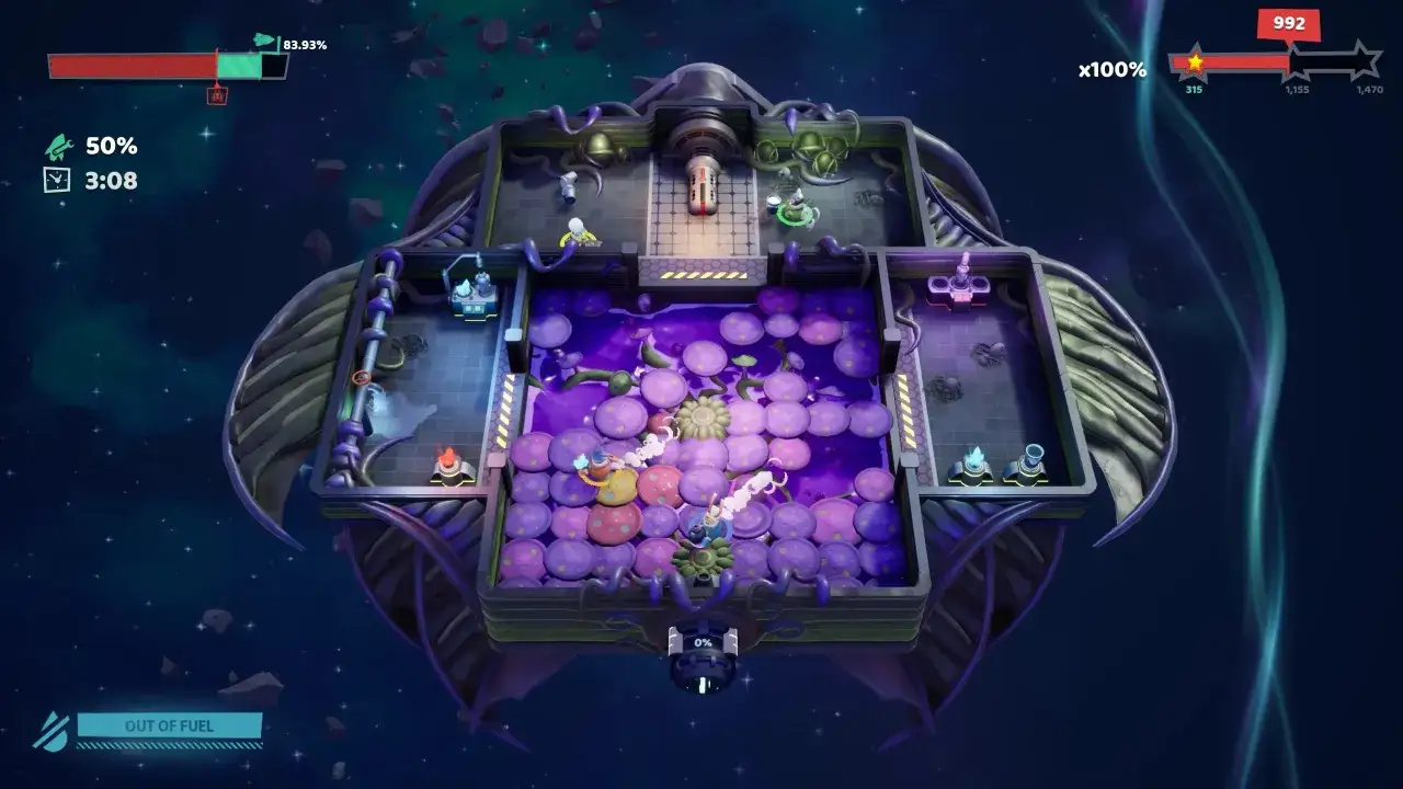 Escena de juegos para cuatro personas en una nave espacial con personajes recogiendo objetos de hongos morados.
