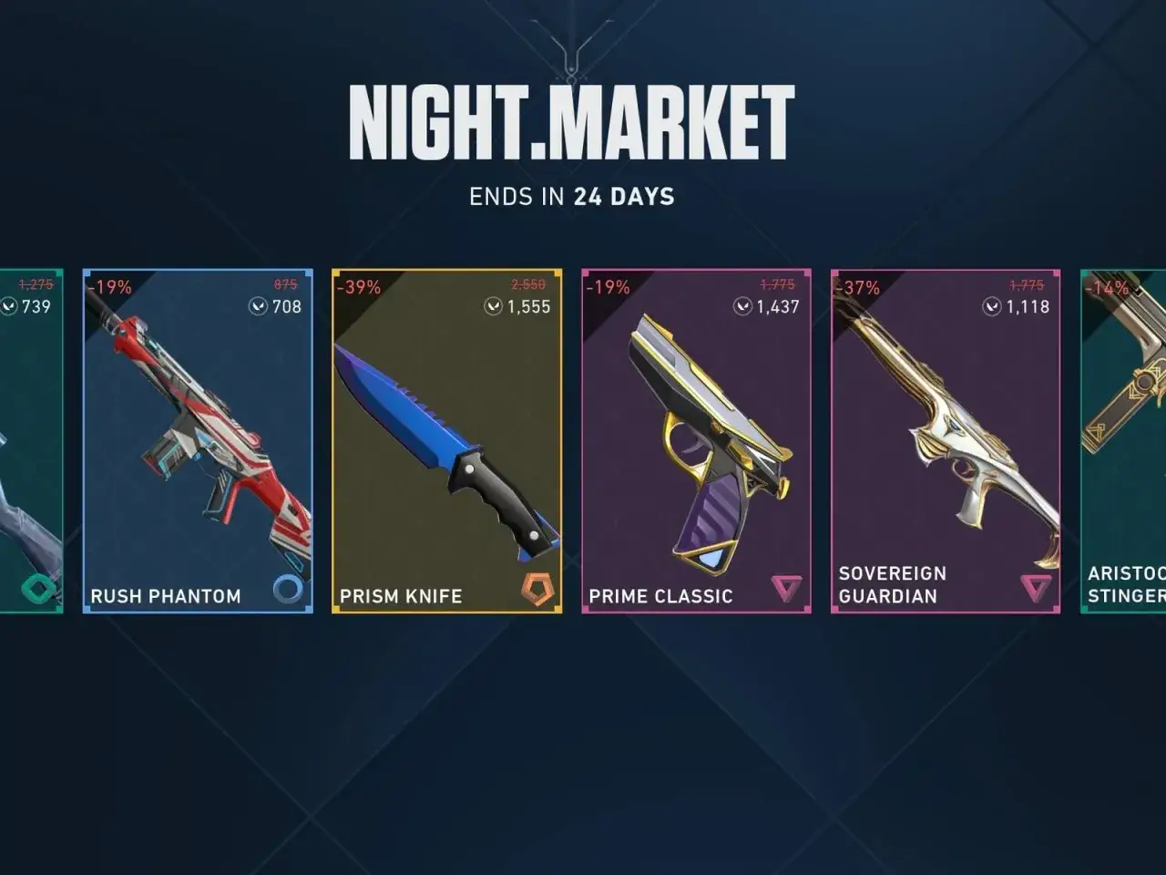 El mercado nocturno de Valorant muestra ofertas en skins: Rush Phantom, Prism Knife, Prime Classic y Sovereign Guardian.