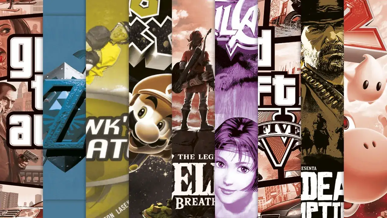 Un collage de portadas de videojuegos icónicos, incluyendo GTA, Zelda, Mario y Red Dead Redemption, que representan los top 10 mejores juegos de la historia.
