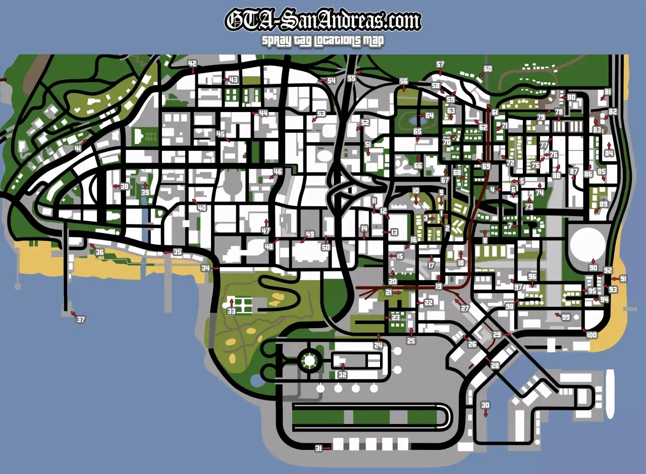 Mapa de GTA San Andreas con la ubicación de los grafitis. ¡Una guía esencial para completar el juego!