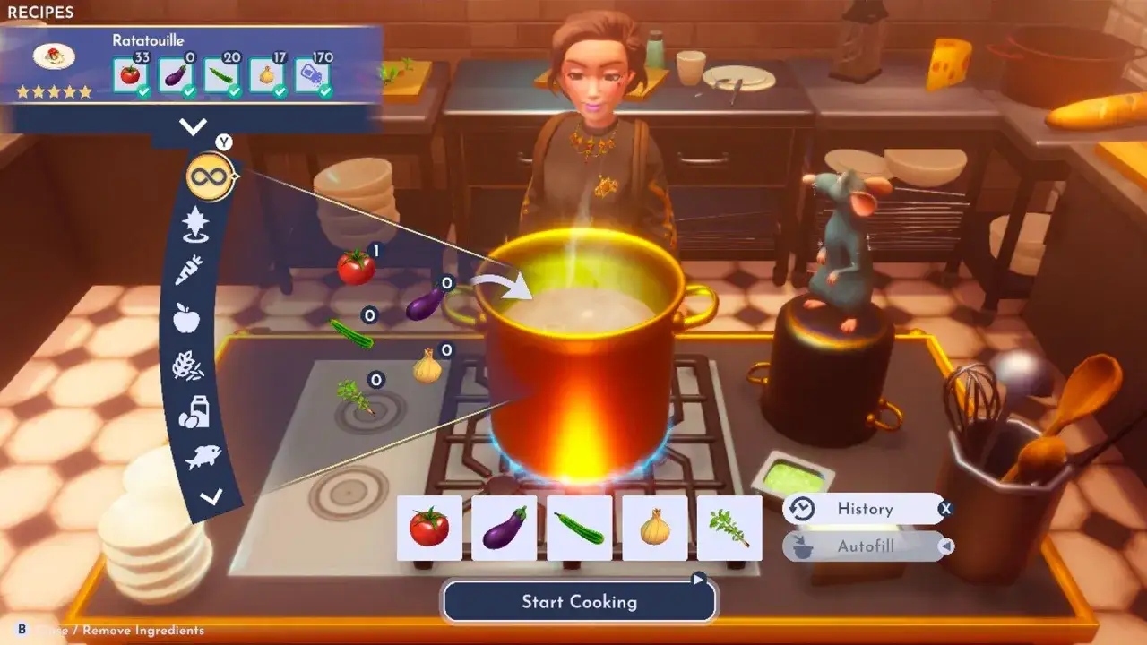Preparando Ratatouille en Dreamlight Valley. El menú muestra los ingredientes: tomate, berenjena, calabacín, cebolla y hierbas.